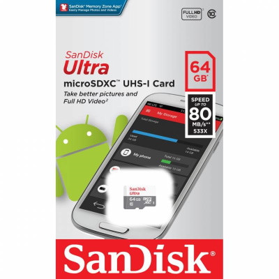 Карта памяти SanDisk 64GB Ultra microSDHC UHS-I class 10 80MB/s - фото 1 - id-p138393897
