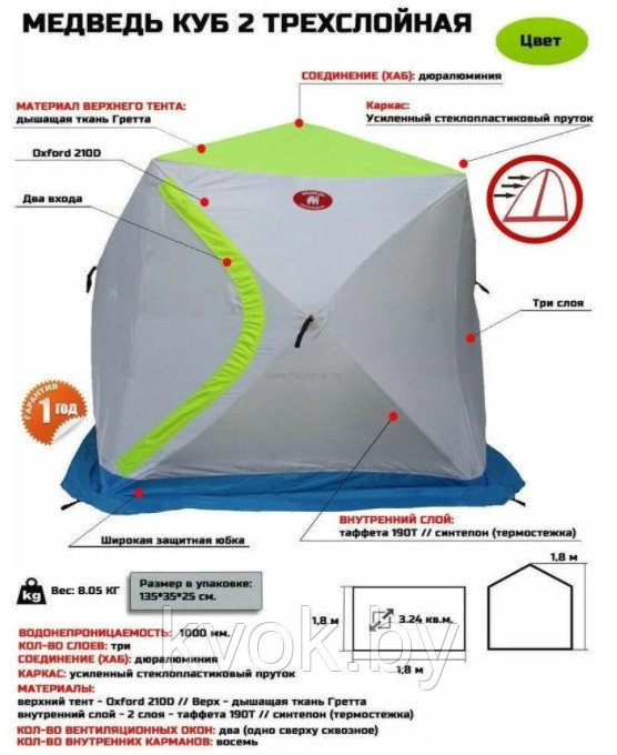 Палатка зимняя МЕДВЕДЬ КУБ 2 Люкс трёхслойная (1.8x1.8x1.8 м) - фото 4 - id-p138407053
