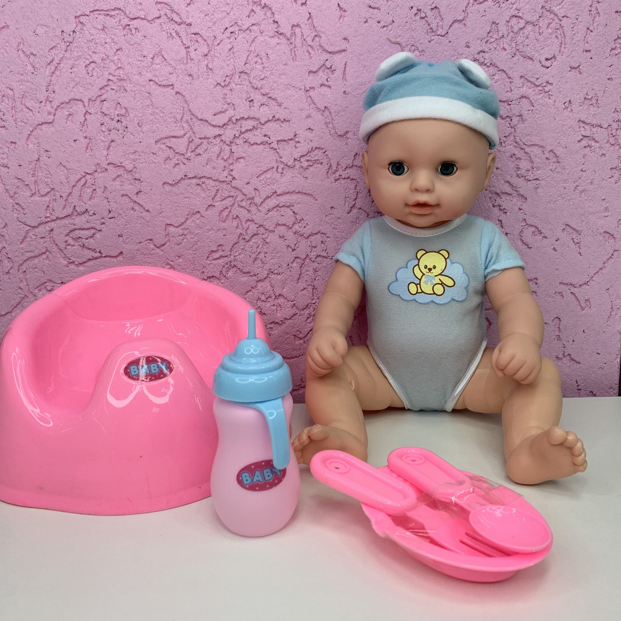 Кукла пупс Baby Doll 25 см +горшок, бутылочка, столовые приборы с тарелкой