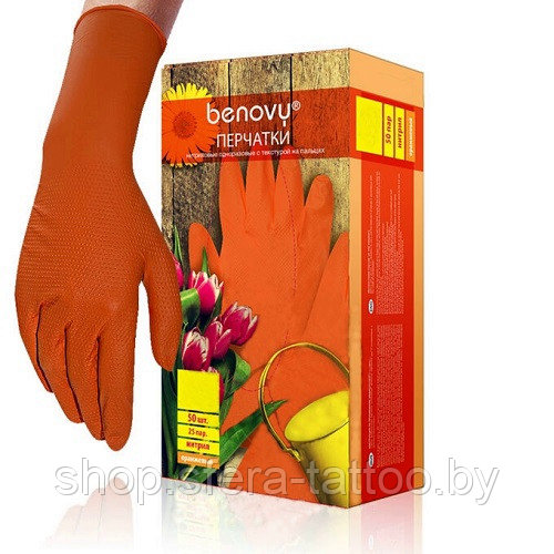 Перчатки BENOVY Nitrile High Risk нитриловые, особопрочные, оранжевые — 50 шт. (размер XL)