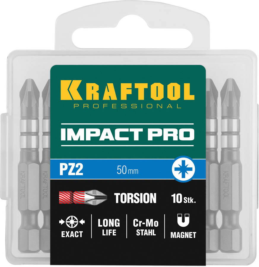 Биты профессиональные KRAFTOOL Impact Pro, Pozidriv, E 1/4", PZ2, 50мм, 10шт, в пласт. боксе - фото 1 - id-p138703148