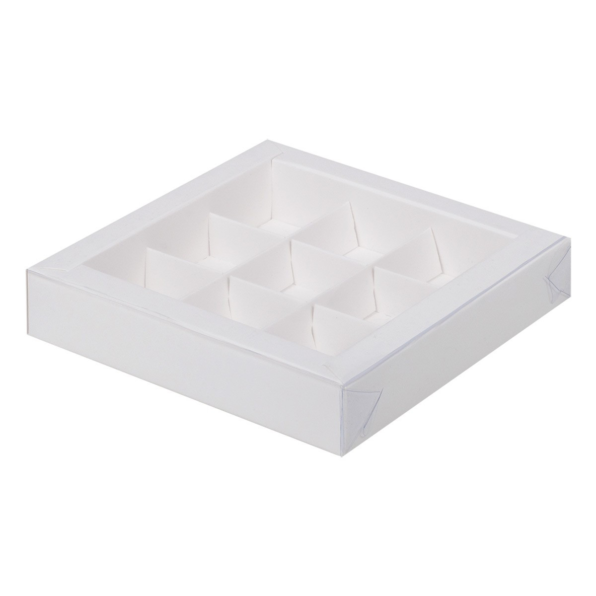 Коробка для 9 конфет Белая с пластиковой крышкой   (Россия, 155х155х30 мм)050061