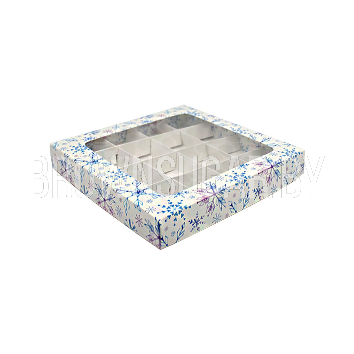Коробка для 16 конфет с окном "Снежинки" (Россия, 200х200х30 мм, ячейка 50 х 50 мм) - фото 1 - id-p138797325