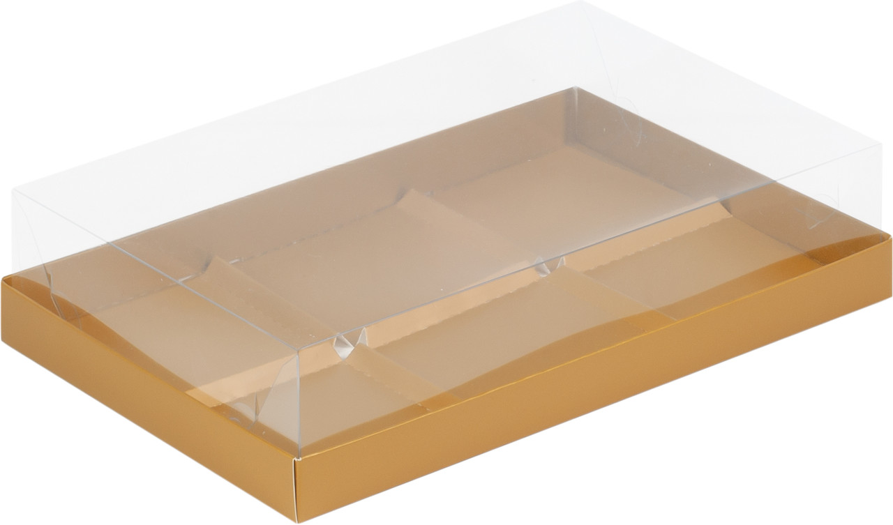 Коробка для 6 муссовых пирожных с пластиковой крышкой Золотая матовая, 260х170х h60 мм - фото 2 - id-p138800780