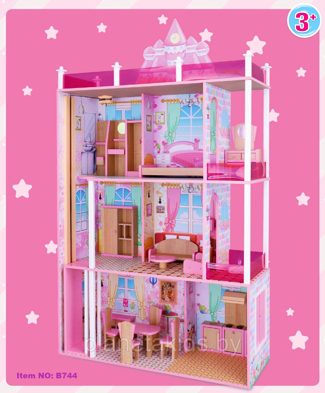Домик деревянный для кукол DOLL HOUSE с мебелью, 3 этажа, 5 комнат, B744