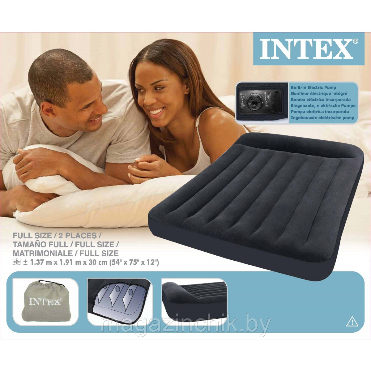 Надувной полуторный матрас Intex 66780 Pillow Rest 137х191х30см со встроенным электронасосом и подголовником - фото 1 - id-p10648656