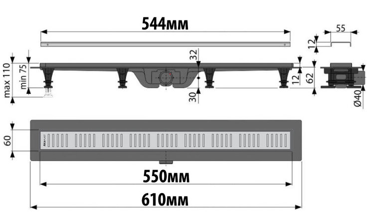 Трап для душа черный Simple APZ10BLACK-550M, Alcaplast водоотводящий желоб, фото 2