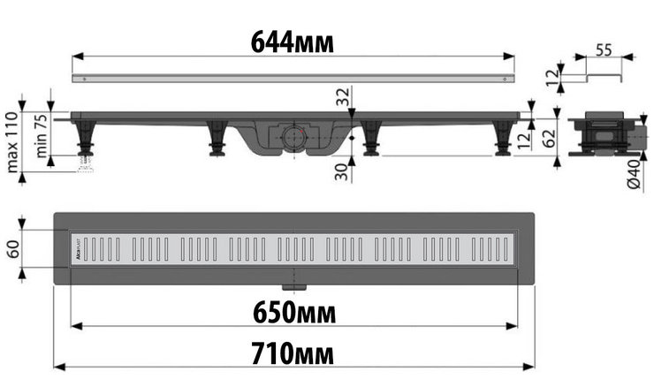 Трап для душа черный Simple APZ10BLACK-650M, Alcaplast водоотводящий желоб, фото 2