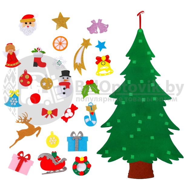 Елочка из фетра с новогодними игрушками липучками Merry Christmas, подвесная, 93 х 65 см Декор В - фото 10 - id-p138960284