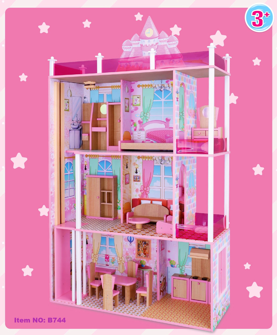 Кукольный домик деревянный для кукол DOLL HOUSE с мебелью, 3 этажа, 5 комнат, арт.B744 - фото 2 - id-p139152082