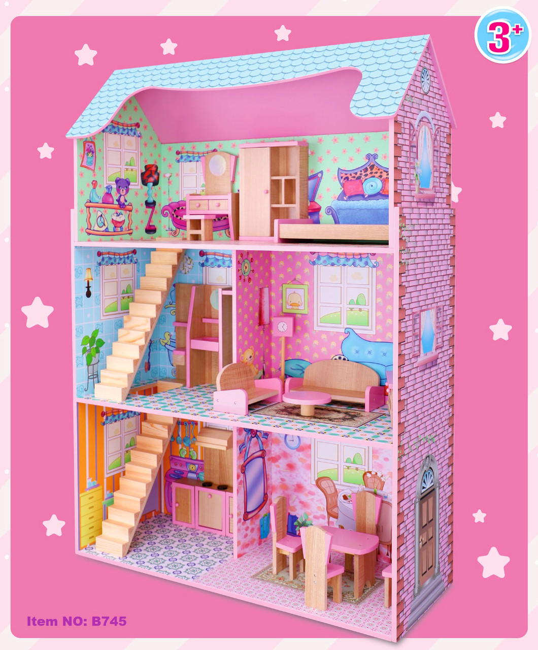 Деревянный кукольный домик для кукол DOLL HOUSE с мебелью, 3 этажа, 5 комнат, арт. B745