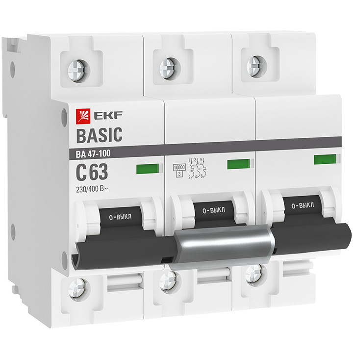 Автоматический выключатель ВА 47-100, 3P 63А 
(C) 10kA EKF Basic