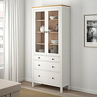 HEMNES ХЕМНЭС Шкаф-витрина с 3 ящиками, белая морилка/светло-коричневый 90x197 см, как