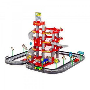 Детская игрушка для мальчиков конструктор паркинг 4-уровневый с дорогой и автомобилями (красный) (в коробке)