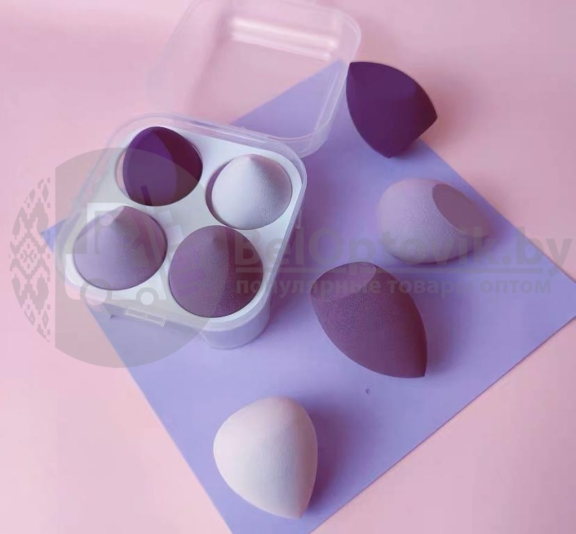 Набор спонжей для макияжа (4 штуки в пластиковом боксе) Фиолетовые оттенки - фото 4 - id-p139559928