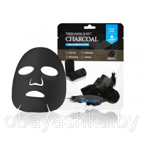[3W CLINIC] Тканевая маска для лица УГОЛЬ Fresh charcoal Mask Sheet, 1 шт - фото 1 - id-p139586707