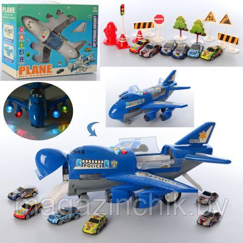 Детский игровой самолет-гараж KB672-2, 6 машинок, свет, звук