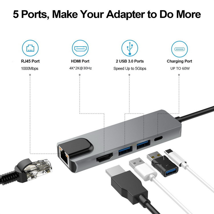 Адаптер - переходник - хаб 5in1 USB3.1 Type-C на HDMI - 2x USB3.0 - USB3.1 Type-C - RJ45 (LAN) до 1000 Мбит/с, - фото 3 - id-p138002117