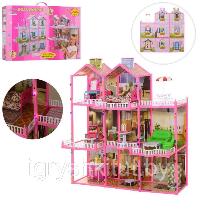 Кукольный дом трёхэтажный с мебелью, 245 предметов, свет, звук, арт.6992 - фото 4 - id-p139954610