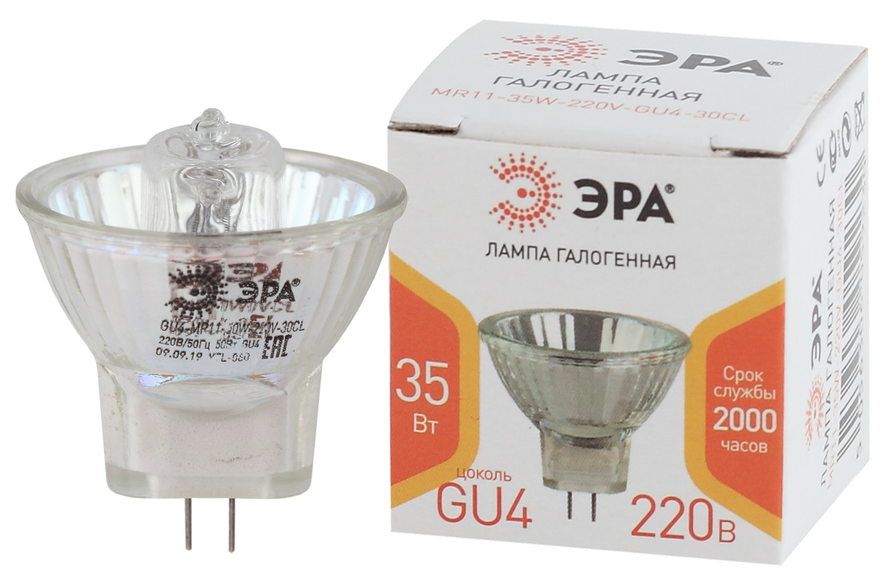 Лампа галогенная ЭРА GU4-MR11-35W-220V-30CI (галоген, софит, 35Вт, нейтральный свет, GU4) - фото 1 - id-p140099450