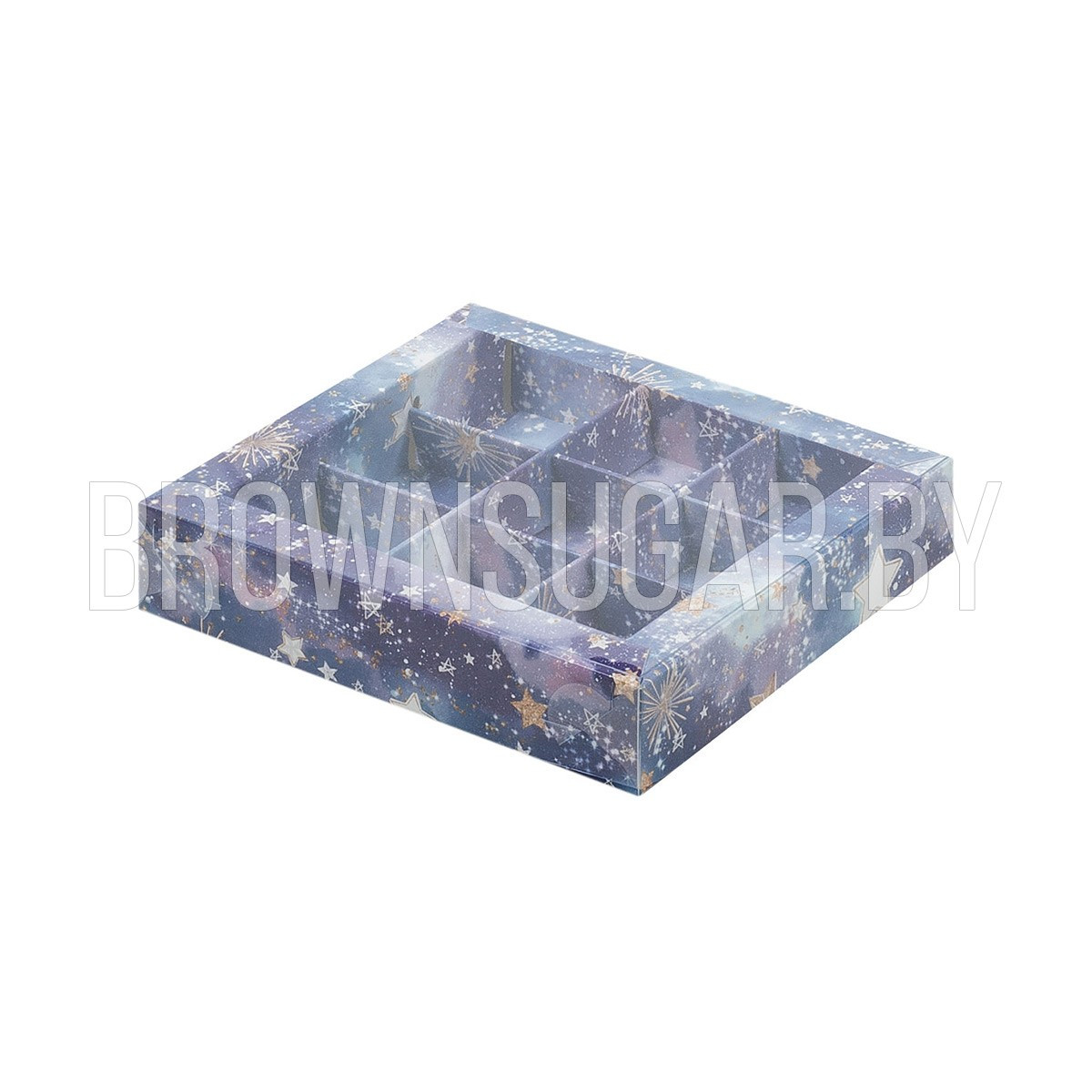 Коробка для 9 конфет Звёздное небо с пластиковой крышкой (Россия, 155х155х30 мм) - фото 1 - id-p140199415