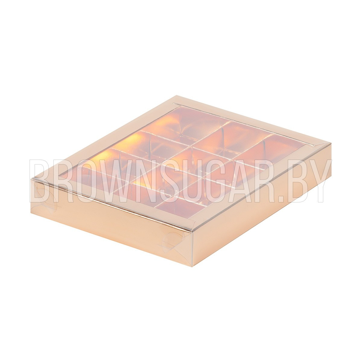 Коробка для 12 конфет Золото с пластиковой крышкой (Россия, 190х150х30 мм) - фото 1 - id-p140199427