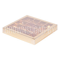 Коробка для 16 конфет Золото с пластиковой крышкой (Россия, 200х200х30 мм)