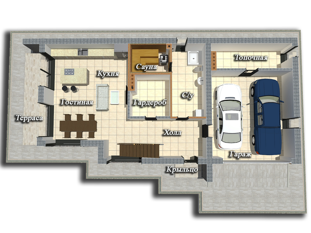 «Двухэтажный дом с плоской крышей, гаражом на 2 машины и сауной в доме .