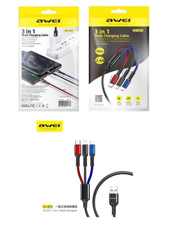 Дата-кабель Awei CL-971 3в1 USB - micro USB, Type-C, Lightning, 2.4А 120 см