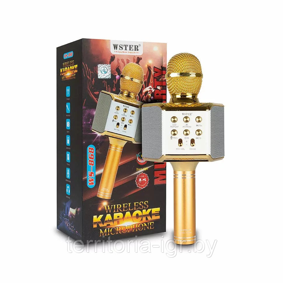 Караоке-микрофон Bluetooth WS-868 золотистый Wster - фото 1 - id-p140455023