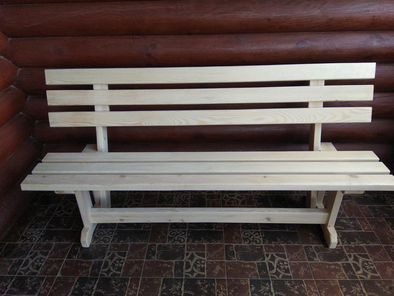 Скамейка со спинкой "Грудва"  из массива сосны для дачи, бани, беседки, сада 1,2 м, фото 1