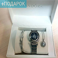 Подарочный набор Pandora (часы, подвеска-Сердце, браслет) Серебро с черным циферблатом