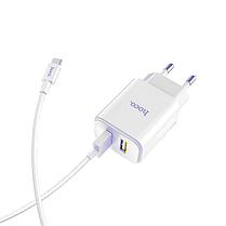 Сетевое зарядное устройство Hoco C62A (2 USB:5V 2,1A+кабель Type-C) цвет: белый, фото 3