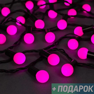 Уличная гирлянда Нить Шарики 1.5 см, IP44, тёмная нить, 200 LED, 8 режимов, 220 В, 20 метров Розовое свечение