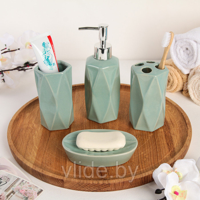 Набор аксессуаров для ванной комнаты «Геометрия», 4 предмета (дозатор 250 мл, мыльница, 2 стакана), цвет зелён - фото 2 - id-p141295874