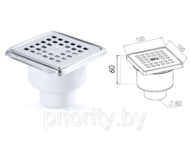 Сливной трап вертикальный D 50 с сухим затвором, с рамкой, решетка нерж. 100х100 мм, NOVA