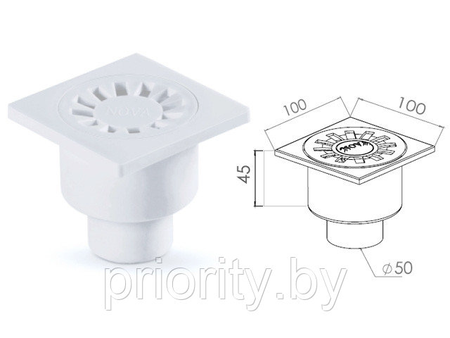 Сливной трап вертикальный D 50 решетка пласт. 100х100 мм, NOVA