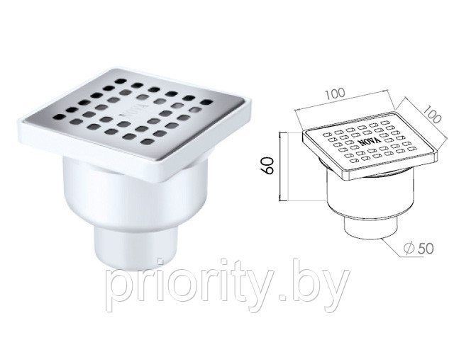 Сливной трап вертикальный D 50, с сухим затвором, решетка нерж. 100х100 мм, NOVA