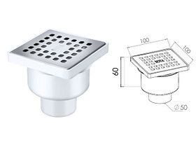 Сливной трап вертикальный D 50, с сухим затвором, решетка нерж. 100х100 мм, NOVA