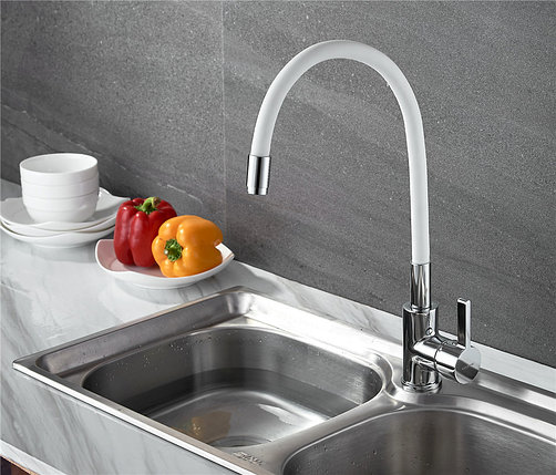 Смеситель с гибким изливом для кухни (белый) LEDEME L4898-3, фото 2