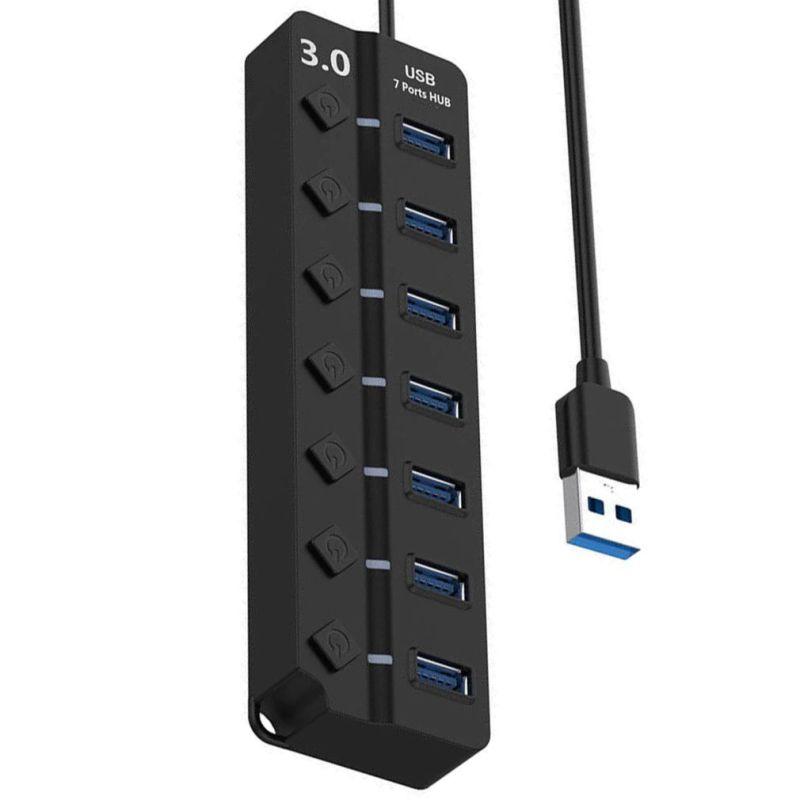 Хаб - концентратор USB3.0 - 7х USB3.0, вертикальный, с кнопками, черный