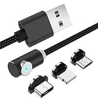 Кабель зарядный магнитный USLION Micro USB / Lightning Apple iPhone / USB Type-C, черный угловой 1 метр