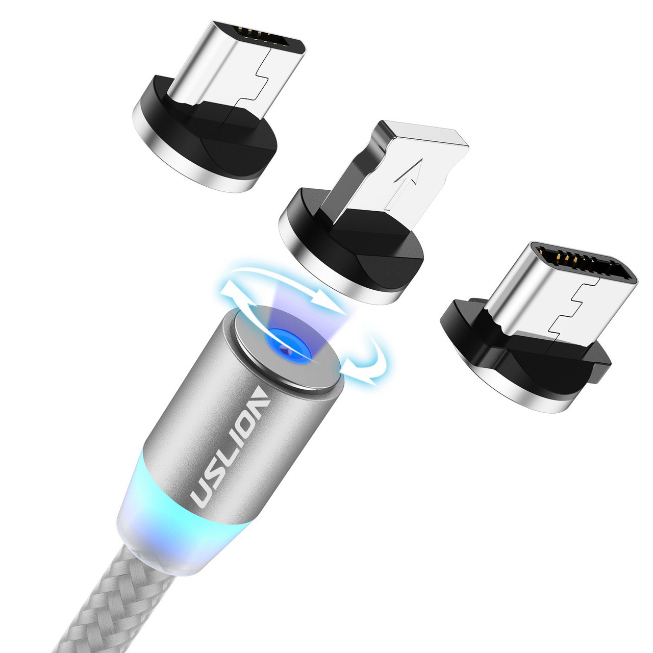 Кабель зарядный магнитный USLION Micro USB / Lightning Apple iPhone/ USB Type-C, серебро 2 метра, фото 1