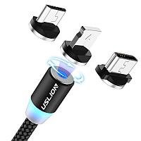 Кабель зарядный магнитный USLION Micro USB / Lightning Apple iPhone/ USB Type-C, черный 2 метра