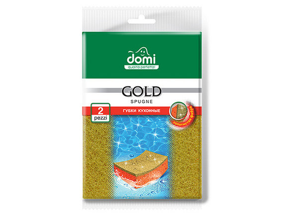 Губки кухонные золото 2 шт DOMI (Состав: поролон-оранжевый, фибра- золотистая. Размер губки: 100х67х37мм), фото 2