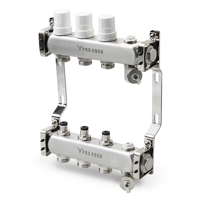 Коллекторный блок с регулировочными клапанами. 7 выходов, 430 мм, 1 x 3/4