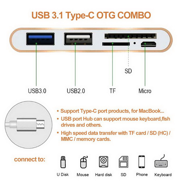 Адаптер - переходник USB3.1 Type-C - USB2.0 - USB3.0 - картридер TF/SD, серебро - фото 3 - id-p141887170