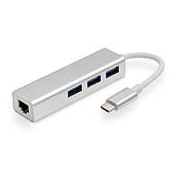 Адаптер - переходник - хаб USB3.1 Type-C на 3x USB3.0 - RJ45 (LAN) до 100 Мбит/с, серебро