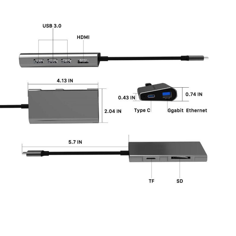 Адаптер - переходник - хаб 8in1 USB3.1 Type-C на HDMI - 3x USB3.0 - RJ45 (LAN) до 1000 Мбит/с - картридер TF/S - фото 3 - id-p141887456