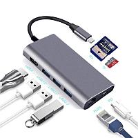 Адаптер - переходник - хаб 8in1 USB3.1 Type-C на HDMI - 3x USB3.0 - RJ45 (LAN) до 1000 Мбит/с - картридер TF/S